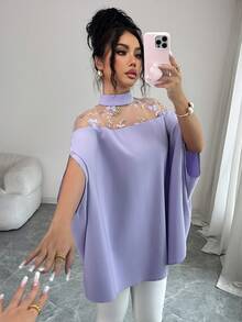 Elenzga Women's Stand Collar Loose Mesh Hollow Out Off Shoulder Blouse - Purple - View 5