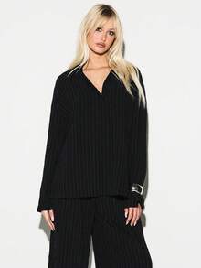KIZN Ribbed Knit Long Sleeve V Neck Collared Button Up Blouse With Textured Stripe Detail Fall Winter Casual - Black - View 5