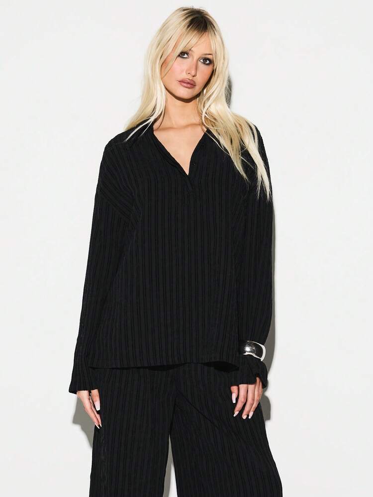 KIZN Blusa de Botão com Gola V de Manga Longa, Tricô Canelado com Detalhe de Listras Texturizadas, Casual para Outono e Inverno