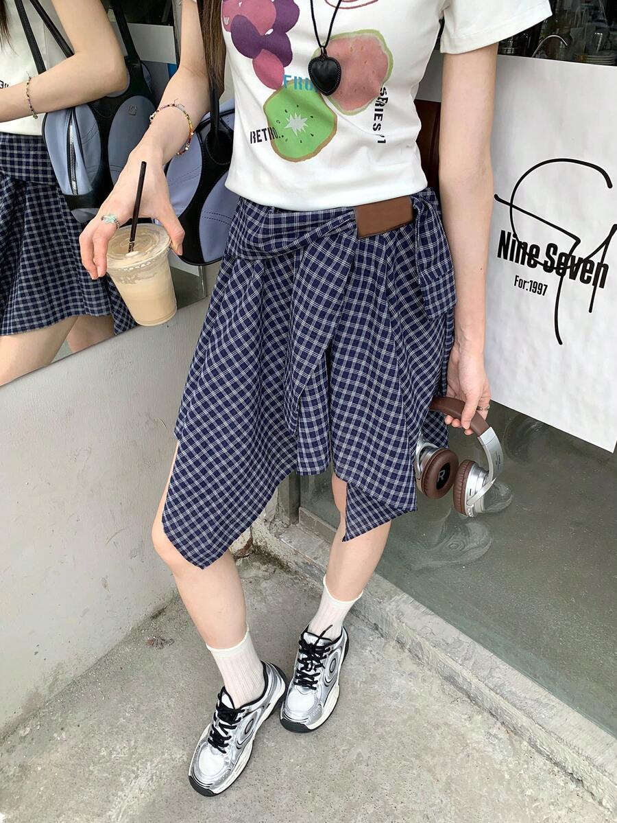 K-Vae Women's Casual Asymmetrical Plaid Mini Skirt - Blue - View 1