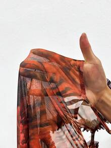 Glyssa 女士夏季新款性感透视沙滩度假连衣裙，网纱豹纹荷叶边下摆，吊带修身高开衩连衣裙 - 紅色 - 查看 6