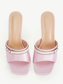 CUCCOO CHICEST Pink Satin Buckle-Trimmed High-Heeled Sandals Square Toe Contrasting Color Thin-Heeled Party Sandals Wedding Shoes Spring Shoes Bride Shoes - Pink - View 9