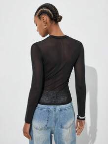 Maija Women's Black Patchwork Fabric Fitted High Neck Top, Urban Chic - Black - View 5