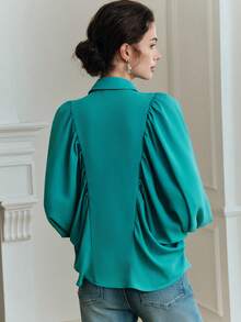Anewsta Ladies' Elegant Blouse With Ruffle Design And Lantern Sleeves, High-Quality Shirt Suitable For Going Out, Commuting, Dating - Green - View 3