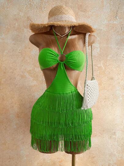 Mistrie 2026 Summer New Women's Dress With Tassel Beach Skirt New Spring/Summer Holiday Strap Dress Front Hollow Metal Circle Decoration Slimming Mini Skirt Tassel Bottom Texture Knitted Fabric, Suitable For Parties, Beach, Romantic Vacation