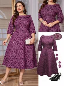 Ellevyn Đầm dạ hội sang trọng, cổ chữ V, tay lửng, cỡ lớn dành cho nữ, chất liệu jacquard. - Màu tím - Xem 1