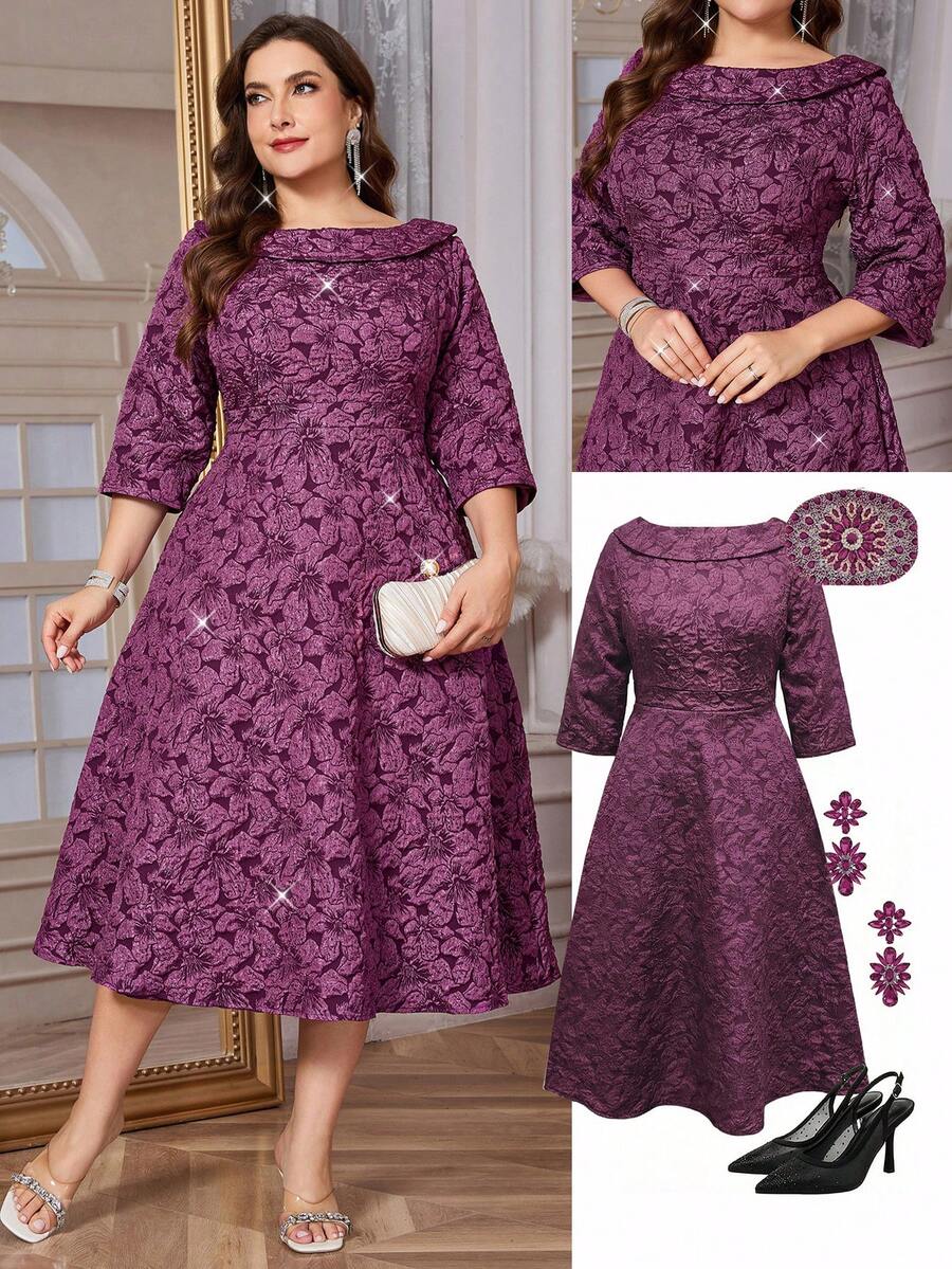 Ellevyn Đầm dạ hội sang trọng, cổ chữ V, tay lửng, cỡ lớn dành cho nữ, chất liệu jacquard. - Màu tím - Xem 1