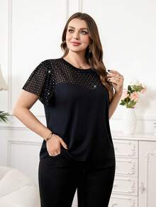 SHEIN Clasi Áo ngắn tay phối ren mùa hè dành cho nữ cỡ lớn, áo đi chơi, áo công sở thường ngày. - màu đen - Xem 7