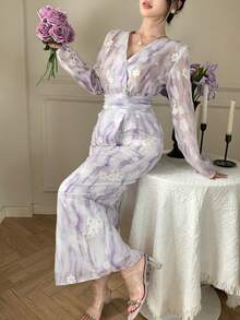 DAZY Conjunto de 2 piezas de falda recta plisada asimétrica con cuello en V floral elegante para mujer, primavera/verano - Azul - Ver 6