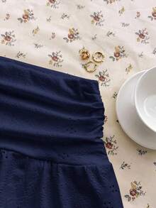 Teen Girls Navy Blue Knit Casual Versatile Hollow Textured Ruched A-Line Mini Skirt, Suitable For Summer - Navy Blue - View 4