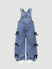 Young Girls Denim Bib Pants And Jumpsuit New Casual Fashion Personalized Sweet Retro Cute Bow Design Ladylike Sweet Style Bib Pants - Blue - View 3