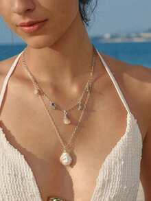 Opalesca 1 Exquisite And Elegant Special-Shaped Baroque Imitation Pearl Pendant, Double-Layered Necklace (Random Shape Of Rubber Blocks And Pearls) - Gold - View 1