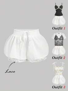 Skyraze Women's Summer White Lace Patchwork Bubble Shorts,Cute Bloomers Ruffle Shorts,Casual Picnic Tea Party Carnival Costume Vacation Shorts - White - View 5