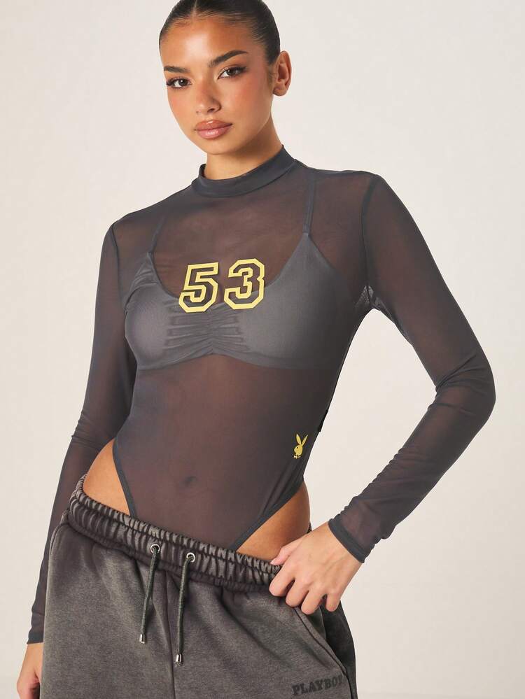 Missguided x Playboy Women's High Neck Long Sleeve Mesh Bodysuit With Yellow Logo Print And Sheer Transparency Fashion Layering Base Layer