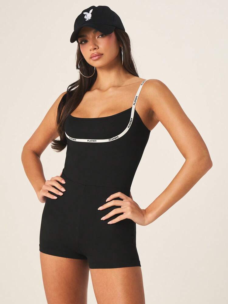 Missguided x Playboy Women Strappy Black Unitard Romper With Logo Detail Elastic Waist Sleeveless Summer Casual One Piece Jumpsuit Shorts Playsuit