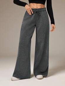 SHEIN Tall Pantalones de chándal con cintura elástica y pierna ancha, engrosados para otoño/invierno. Estilo casual, versátil y estilizador para primavera/verano - Gris Oscuro - Ver 5