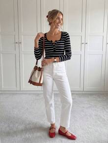 SHEIN LUNE Camiseta con estampado de rayas con botón - Negro - Ver 4