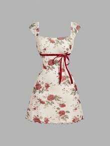Floral Print Mesh Pleat Dress With Bow - Black - View 9