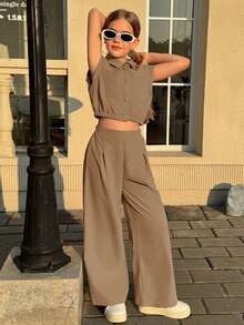 Firerie Kids Firerie Kids Nova Glow 2pcs/Set Tween Girls Casual Collared Pocket Shirt And Straight Leg Pants, Commuter Outfit - Brown - View 4