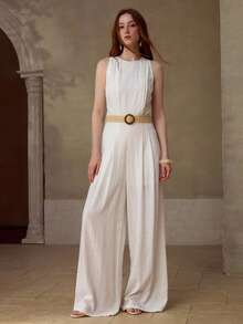 MOTF PREMIUM WOMEN'S SLEEVELESS COTTON LINEN BLEND JUMPSUIT, CASUAL, DATE, VACATION - Beige - View 1