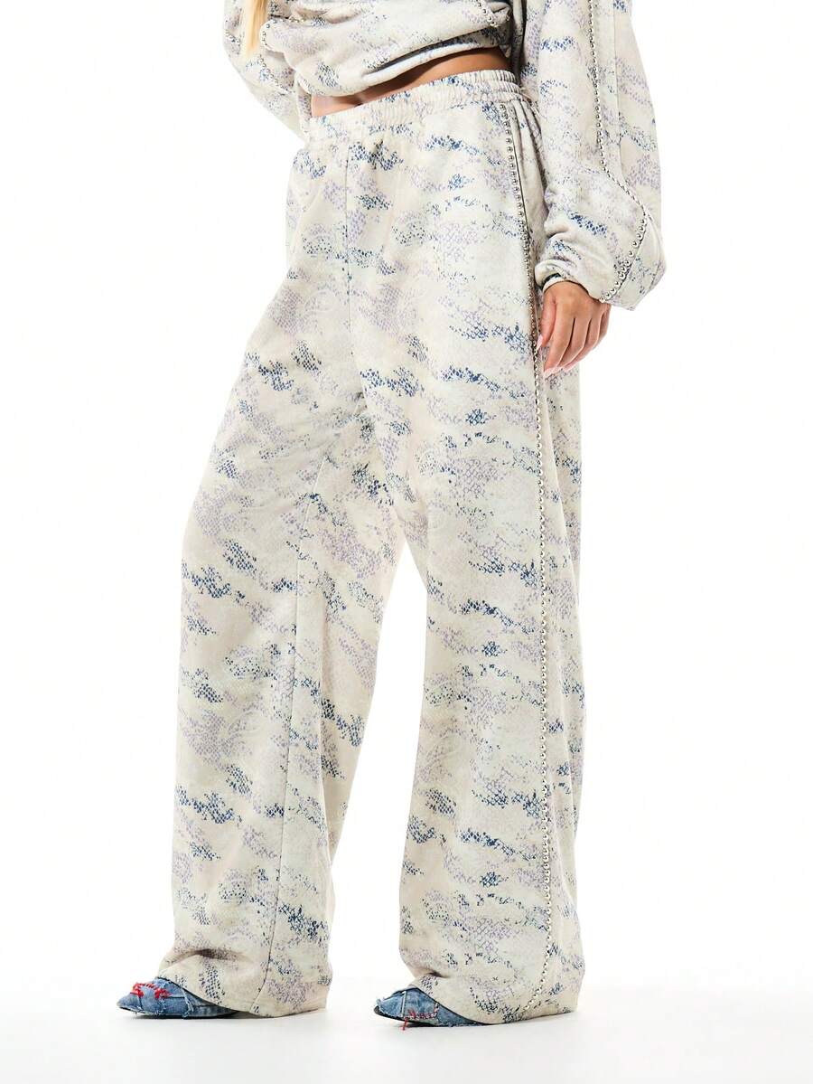 SUMWON WOMEN Women Snake Print Wide Leg Joggers Casual Loose Fit Sweatpants Elastic Waist Palazzo Style Pants Streetwear Lounge Comfort Pants - Apricot - View 1