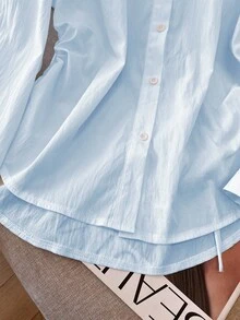 INAWLY Hong Kong Style Sweet Drawstring Design Embroidered Horse Polo Collar Long Sleeve Asymmetrical Shirt, New Arrival Autumn - Blue - View 6
