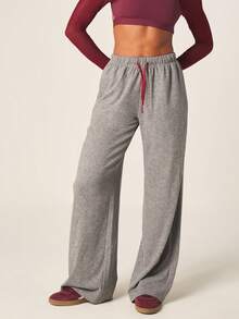 MISSGUIDED Women's Contrast Binding Drawstring Wide Leg Lounge Trousers High Waisted Casual Palazzo Pants With Elastic Waistband Comfortable Relaxed Fit - Dark Grey - View 1