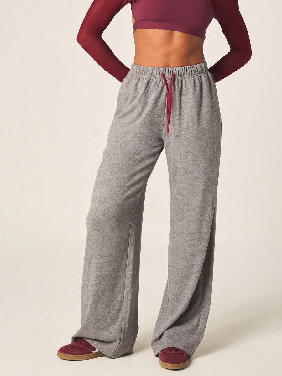 MISSGUIDED Women's Contrast Binding Drawstring Wide Leg Lounge Trousers High Waisted Casual Palazzo Pants With Elastic Waistband Comfortable Relaxed Fit - Dark Grey - View 1