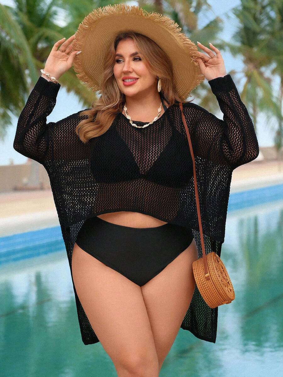 Swim Lushoire Plus Size Women Swimsuit Cover Up, Hollow Out Beach Dress With Short Front And Long Back Sleeves - Black - View 1