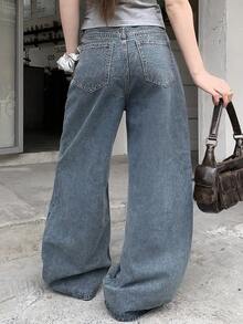 FRIFUL Women's Cotton Blend Back Panel Rhinestone Embellished Casual Straight Leg Jeans - Blue - View 6