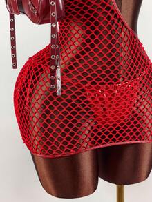Amplova Women's Swimwear Set,Shiny Bikini With Mesh Cover-Up,Red,Summer,Beach Party,Rave,Avant-Garde Bathing Suit For Holiday,Music Festival Outfits - Red - View 6