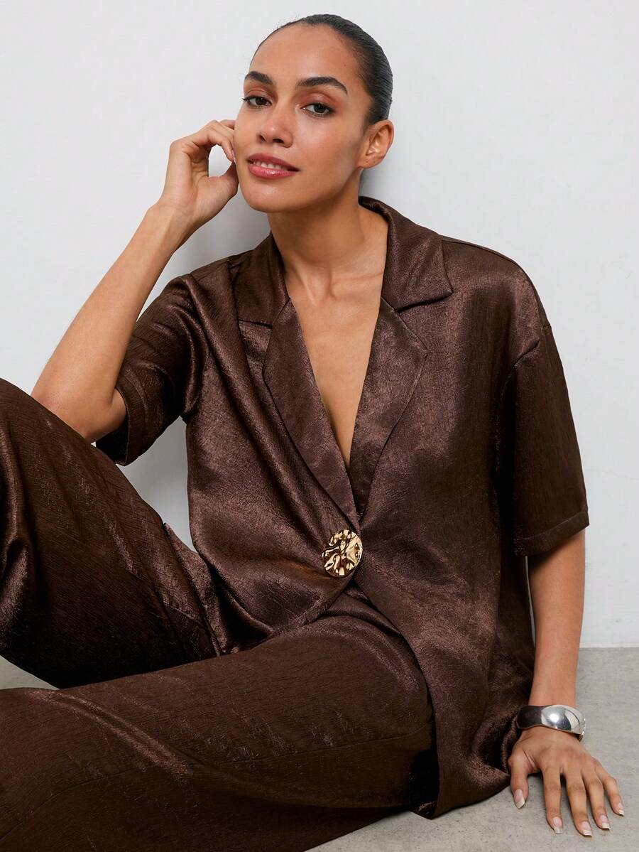 Maija Brown Satin Women's Suit Set, Short Sleeve, Textured, Loose, Casual, Urban - Brown - View 1