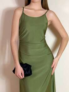 Aless PB 腰部褶饰摆吊带连衣裙 - 軍綠色 - 查看 5