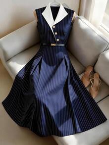 GlowEve Women's Navy Blue Striped Contrast Collar Waist A-Line Dress, Charming Elegant Daily Commute Vacation Fashion Date French Street Retro Versatile Spring Summer Navy Blue New Long Sleeveless Shirt Dress - Multicolor - View 3