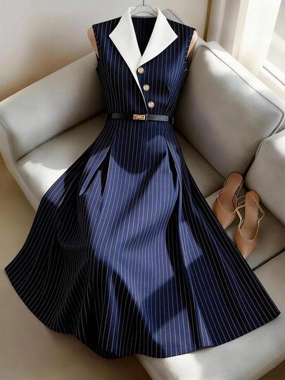 GlowEve Women's Navy Blue Striped Contrast Collar Waist A-Line Dress, Charming Elegant Daily Commute Vacation Fashion Date French Street Retro Versatile Spring Summer Navy Blue New Long Sleeveless Shirt Dress