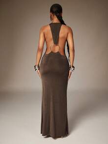 Denimoi O型环露背长裙性感连衣裙 GNO度假装扮 伊比沙岛 欧洲夏季 - 深棕色 - 查看 2