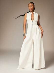 Denimoi 收腰拉链阔腿连体裤 早午餐穿搭 度假穿搭 性感牛仔连体裤 - 白色 - 查看 1