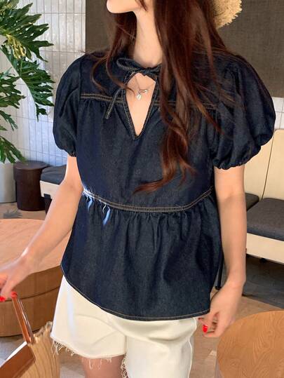 DAZY 女士撞色拼接荷叶边下摆系腰优雅度假夏季牛仔衬衫