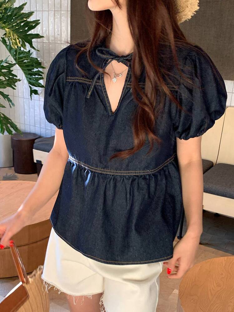 Women's Contrast Color Stitching Ruffle Hem Tie Waist Elegant Vacation Summer Denim Blouse