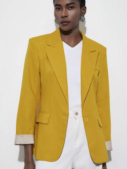 Aveloria Modichic Modern Office Style, Business Meeting, Notched Collar Design, Single-Breasted, Slim Fit, Straight Suit Silhouette, Wool Blend Fabric, Crisp Texture, Suitable For Fashionable Commute, Formal Office, Business Negotiation, Workplace Gathering, Autumn/Winter Season And High-End Events, Showcasing Competent Professional And Confident Aura. Women's Striped Lining Long Sleeve Cinched Waist Suit Jacket Yellow Blazer Women Womens Blazers Suit Jacket For Women Summer Blazer Yellow Outfit Women