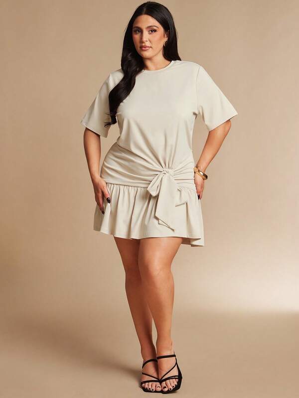 SHEIN BAE Robe courte à manches courtes avec ceinture à nouer, grande taille, couleur abricot