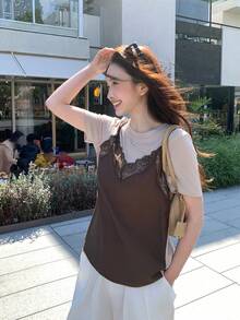 DAZY 女士二合一长袖T恤，韩版，春秋季 - 咖啡棕 - 查看 1