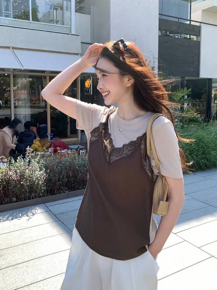 DAZY 女士二合一长袖T恤，韩版，春秋季 - 咖啡棕 - 查看 1