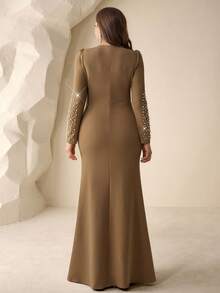 Coutiva Đầm dạ hội dáng đuôi cá thanh lịch dành cho nữ cỡ lớn, trang trí bằng ngọc trai giả, thiết kế xẻ tà và thắt eo. - Màu Khaki - Xem 2