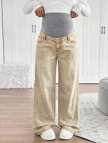 SHEIN Jeans rectos y holgados con soporte de punto para el vientre de maternidad - Caqui - Ver 5