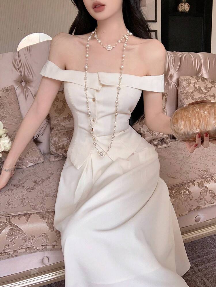 Women's Summer Casual Elegant Off-Shoulder Button Front Top And Skirt 2-Piece Set