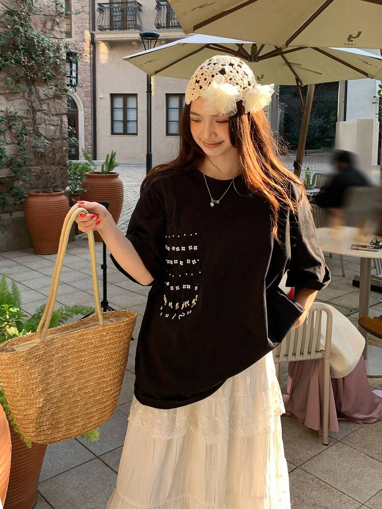 Women's Round Neck Embellished Korean Style Casual Summer Versatile Beaded T-Shirt