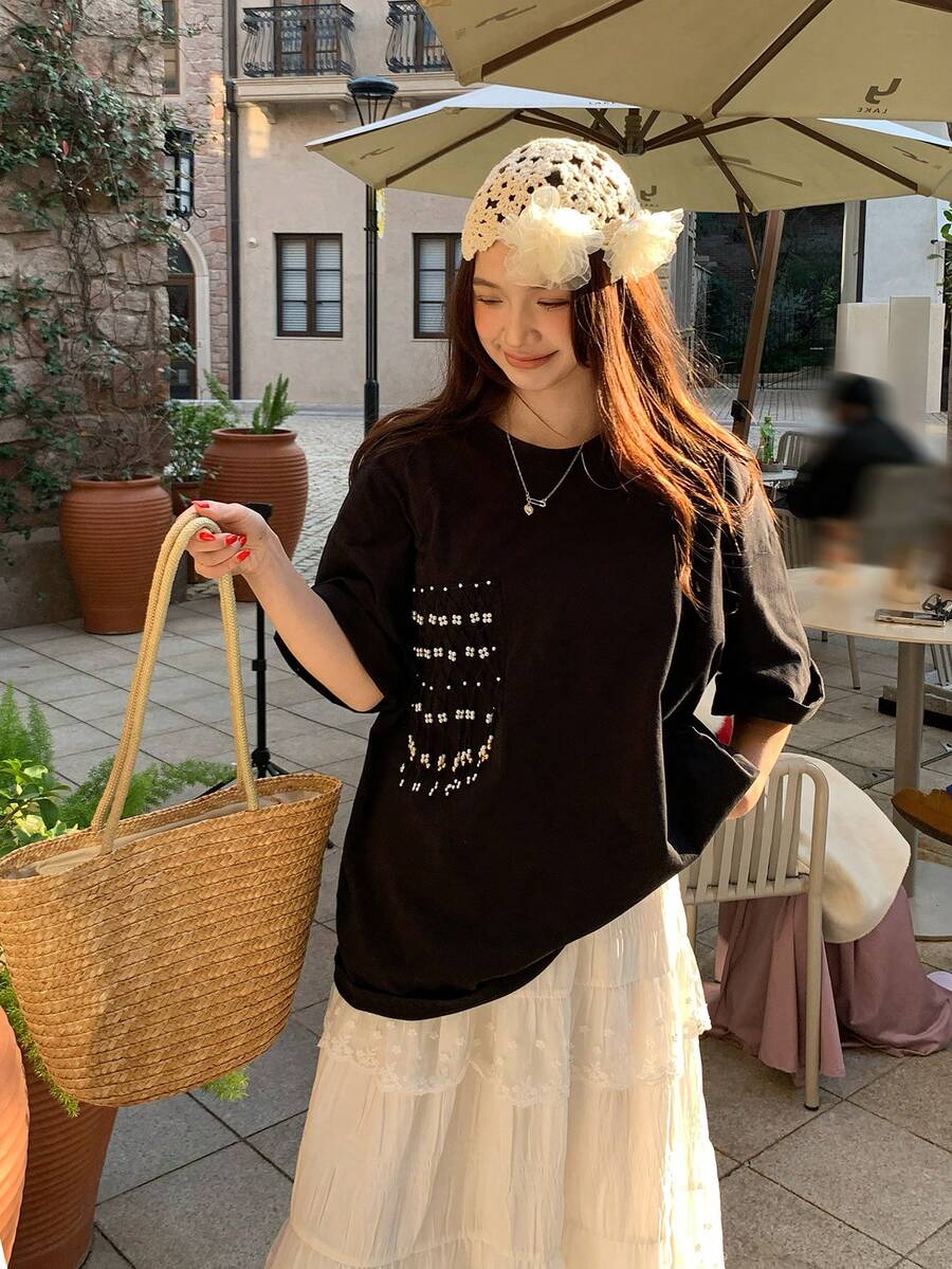 DAZY Women's Round Neck Embellished Korean Style Casual Summer Versatile Beaded T-Shirt Graphic Tees Women - Black - View 1