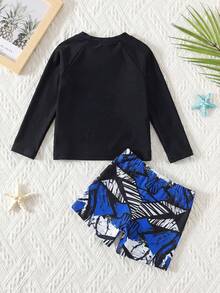 SHEIN 2件套男女宝宝休闲趣味可爱时尚棕榈树图案拼接撞色长袖防晒泳衣套装，适合户外、度假、游泳、冲浪、海滩、春夏穿着。 - 彩色 - 查看 2