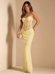 SHEIN BAE 蕾丝拼接无袖网纱鱼尾连衣裙，黄色连衣裙，优雅连衣裙，度假连衣裙，婚礼伴娘迷你裙，生日派对迷你裙，返校及毕业典礼连衣裙 - 黃色 - 查看 3